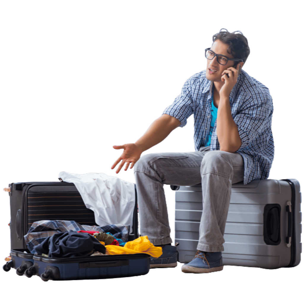 upset traveller from broken luggage